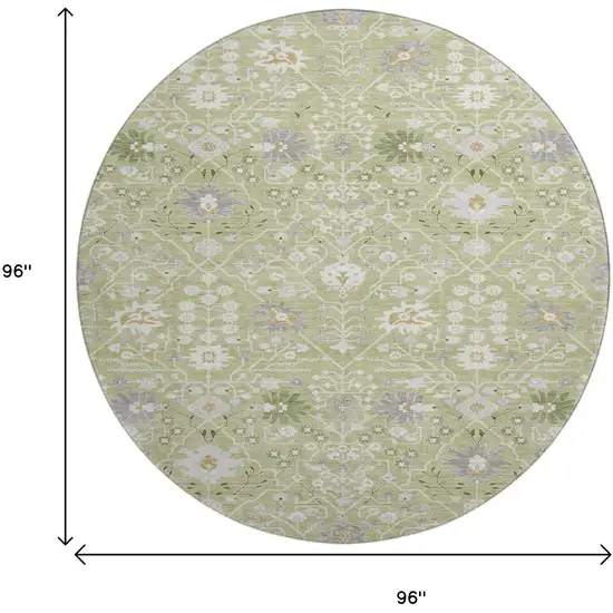 8' Artichoke Green Gray And Ivory Oriental Washable Round Rug With UV Protection Photo 9
