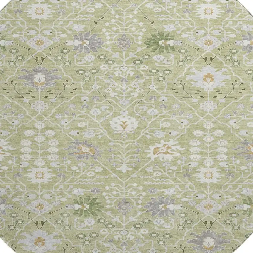 8' Artichoke Green Gray And Ivory Oriental Washable Round Rug With UV Protection Photo 2