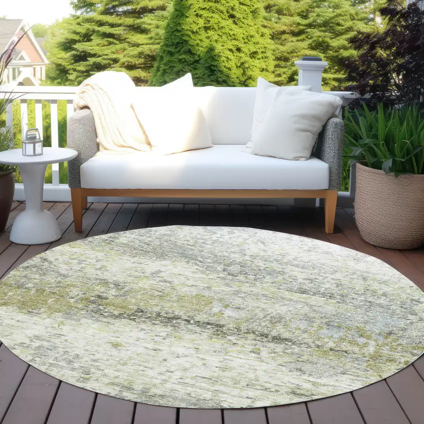8' Artichoke Green Gray And Ivory Round Abstract Washable Indoor Outdoor Area Rug Photo 7