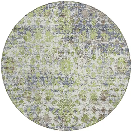 8' Artichoke Green Gray And Ivory Round Abstract Washable Indoor Outdoor Area Rug Photo 3