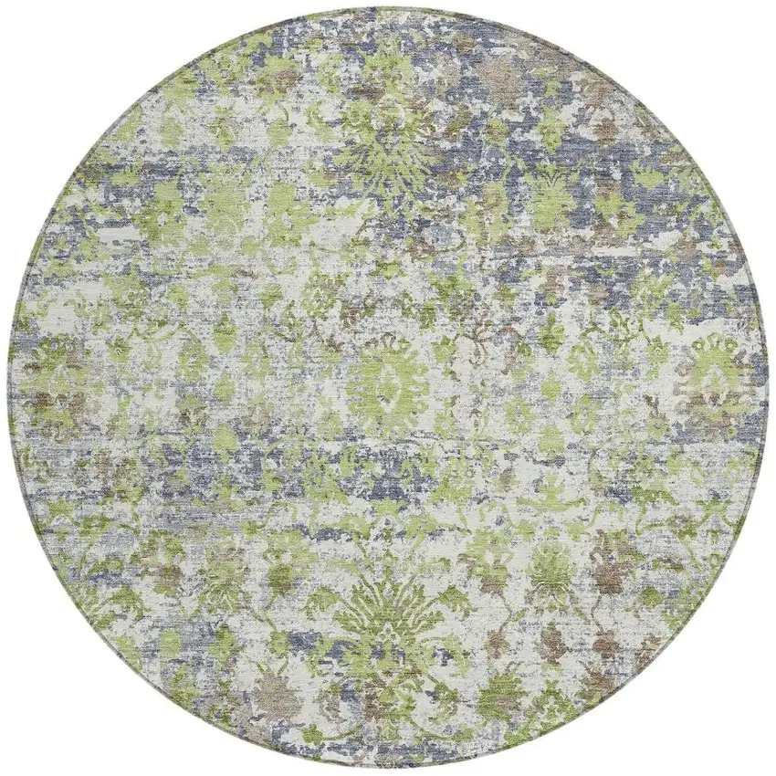 8' Artichoke Green Gray And Ivory Round Abstract Washable Indoor Outdoor Area Rug Photo 3