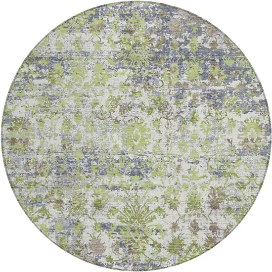 8' Artichoke Green Gray And Ivory Round Abstract Washable Indoor Outdoor Area Rug Photo 1
