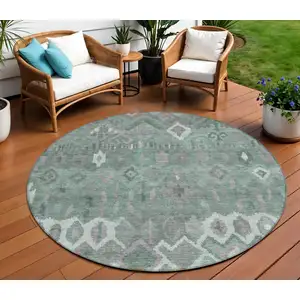 Photo of 8' Artichoke Green Gray And Ivory Round Geometric Washable Indoor Outdoor Area Rug