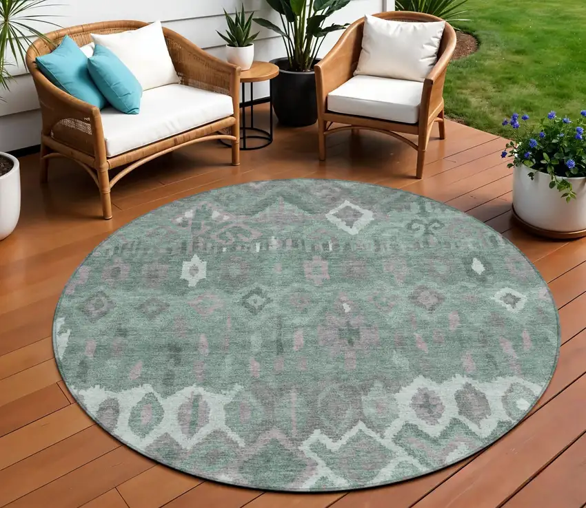 8' Artichoke Green Gray And Ivory Round Geometric Washable Indoor Outdoor Area Rug Photo 1