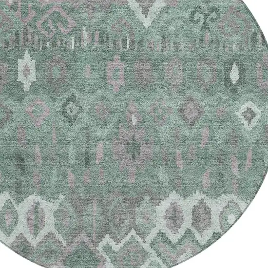 8' Artichoke Green Gray And Ivory Round Geometric Washable Indoor Outdoor Area Rug Photo 7