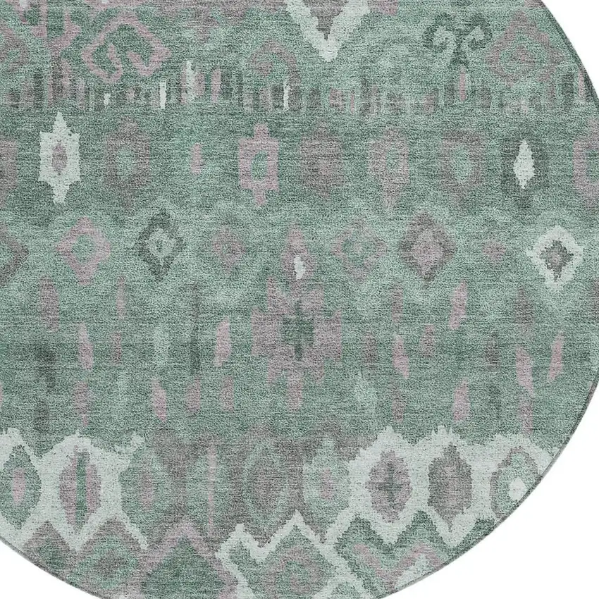 8' Artichoke Green Gray And Ivory Round Geometric Washable Indoor Outdoor Area Rug Photo 7