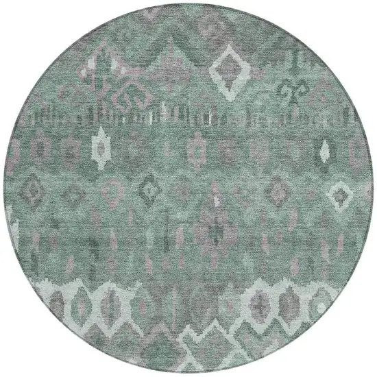 8' Artichoke Green Gray And Ivory Round Geometric Washable Indoor Outdoor Area Rug Photo 4