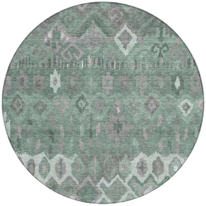 8' Artichoke Green Gray And Ivory Round Geometric Washable Indoor Outdoor Area Rug Photo 4