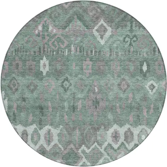 8' Artichoke Green Gray And Ivory Round Geometric Washable Indoor Outdoor Area Rug Photo 2