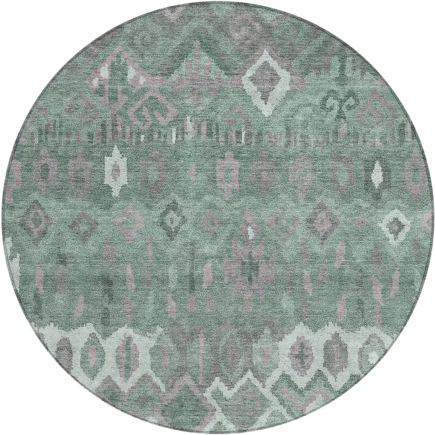 8' Artichoke Green Gray And Ivory Round Geometric Washable Indoor Outdoor Area Rug Photo 2