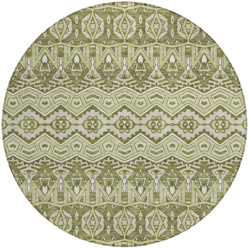 8' Artichoke Green Gray And Ivory Round Moroccan Washable Indoor Outdoor Area Rug Photo 2