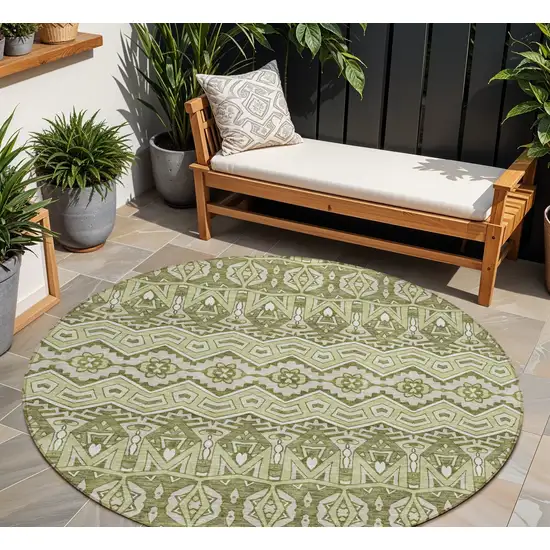 8' Artichoke Green Gray And Ivory Round Moroccan Washable Indoor Outdoor Area Rug Photo 1