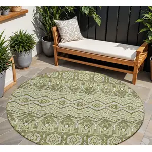 Photo of 8' Artichoke Green Gray And Ivory Round Moroccan Washable Indoor Outdoor Area Rug