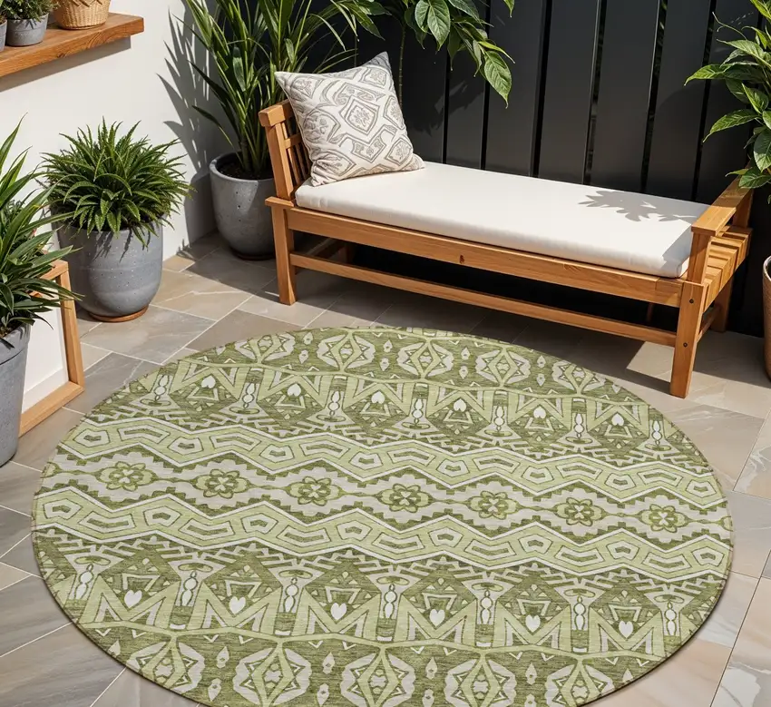 8' Artichoke Green Gray And Ivory Round Moroccan Washable Indoor Outdoor Area Rug Photo 1
