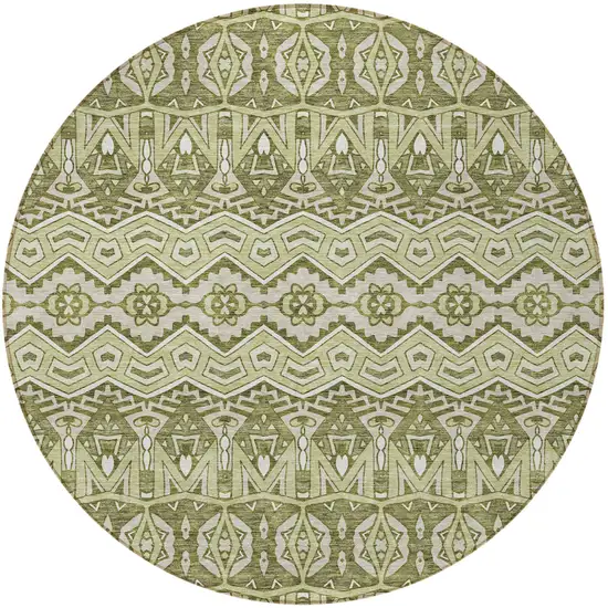 8' Artichoke Green Gray And Ivory Round Moroccan Washable Indoor Outdoor Area Rug Photo 4