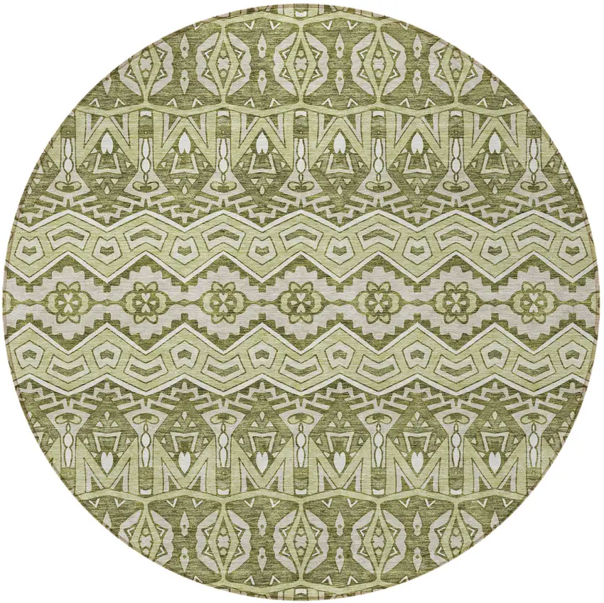 8' Artichoke Green Gray And Ivory Round Moroccan Washable Indoor Outdoor Area Rug Photo 4