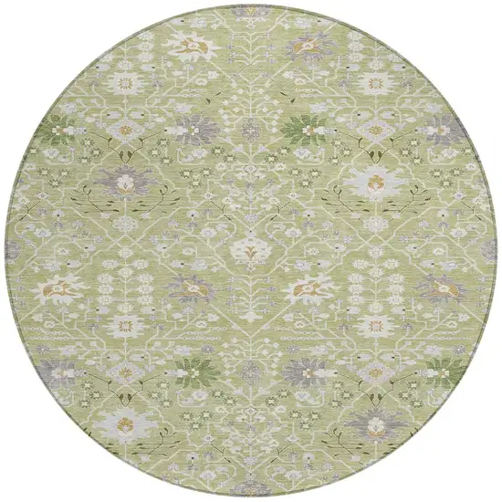 8' Artichoke Green Gray And Ivory Round Oriental Washable Indoor Outdoor Area Rug Photo 6