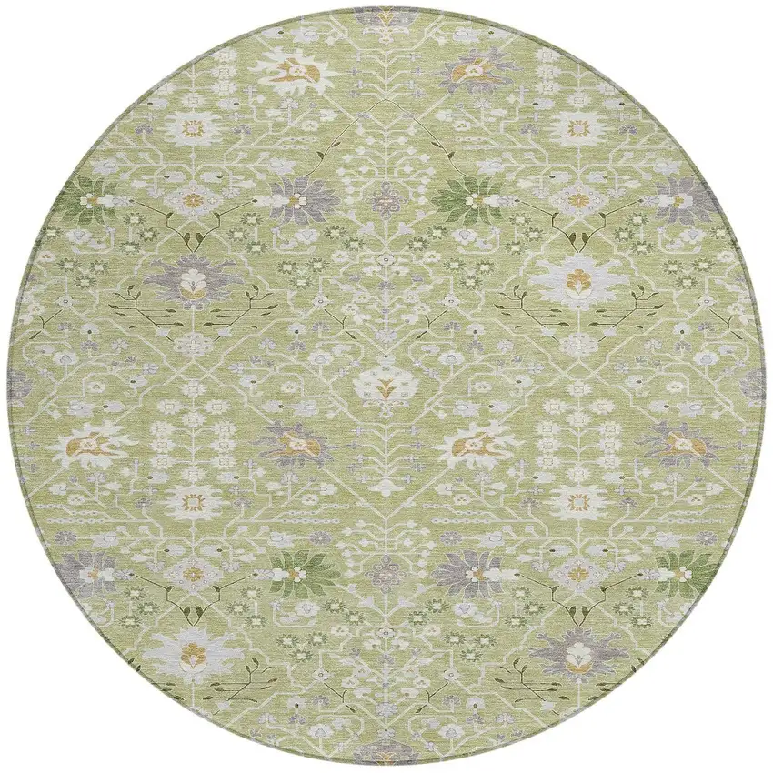 8' Artichoke Green Gray And Ivory Round Oriental Washable Indoor Outdoor Area Rug Photo 6
