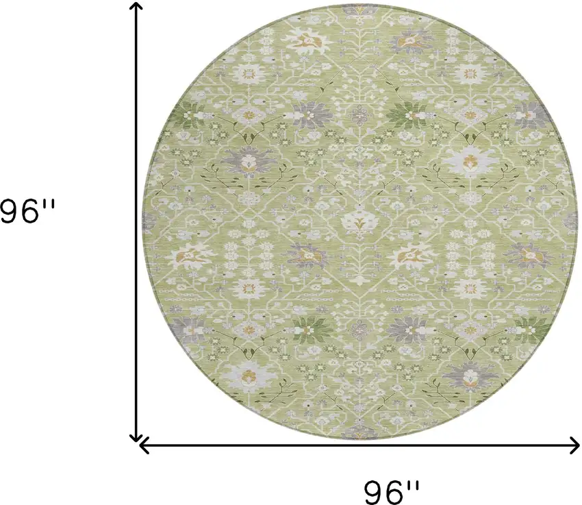 8' Artichoke Green Gray And Ivory Round Oriental Washable Indoor Outdoor Area Rug Photo 3