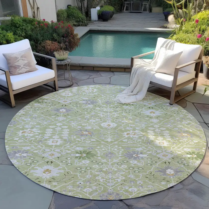 8' Artichoke Green Gray And Ivory Round Oriental Washable Indoor Outdoor Area Rug Photo 7