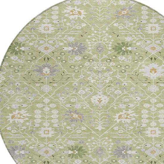 8' Artichoke Green Gray And Ivory Round Oriental Washable Indoor Outdoor Area Rug Photo 5