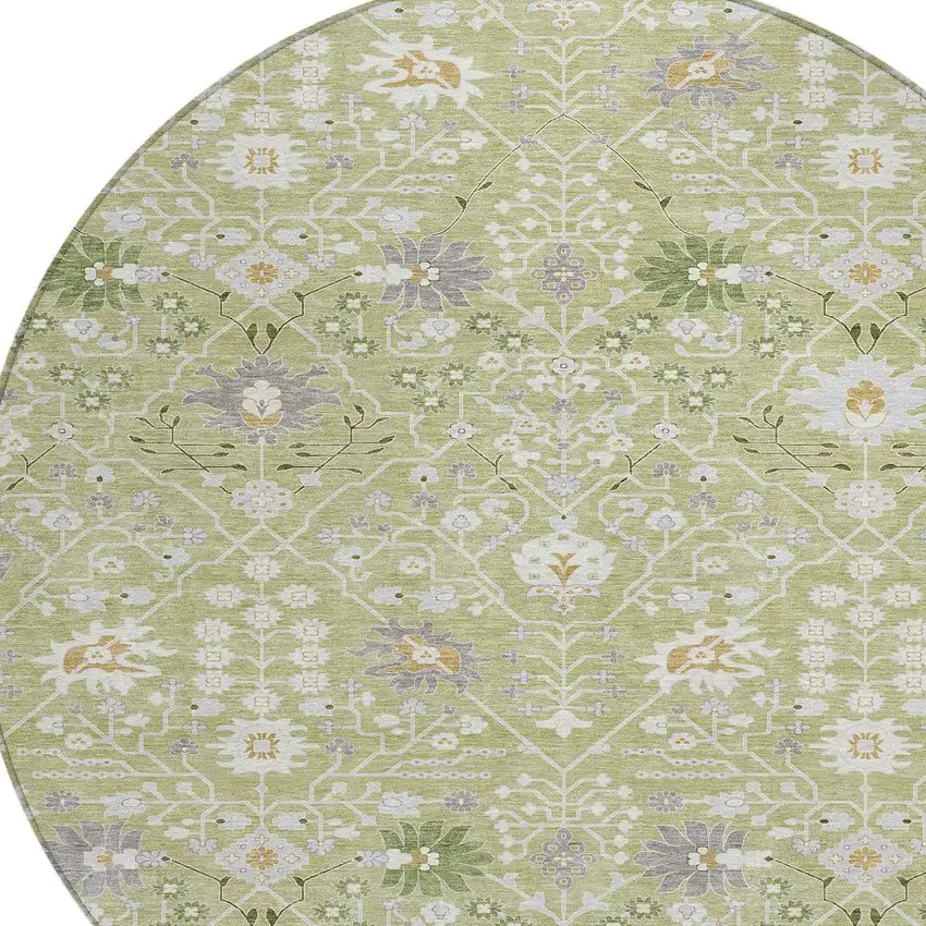 8' Artichoke Green Gray And Ivory Round Oriental Washable Indoor Outdoor Area Rug Photo 5