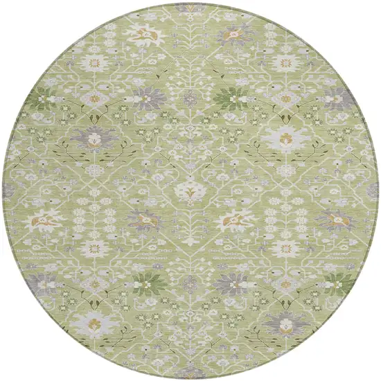 8' Artichoke Green Gray And Ivory Round Oriental Washable Indoor Outdoor Area Rug Photo 2