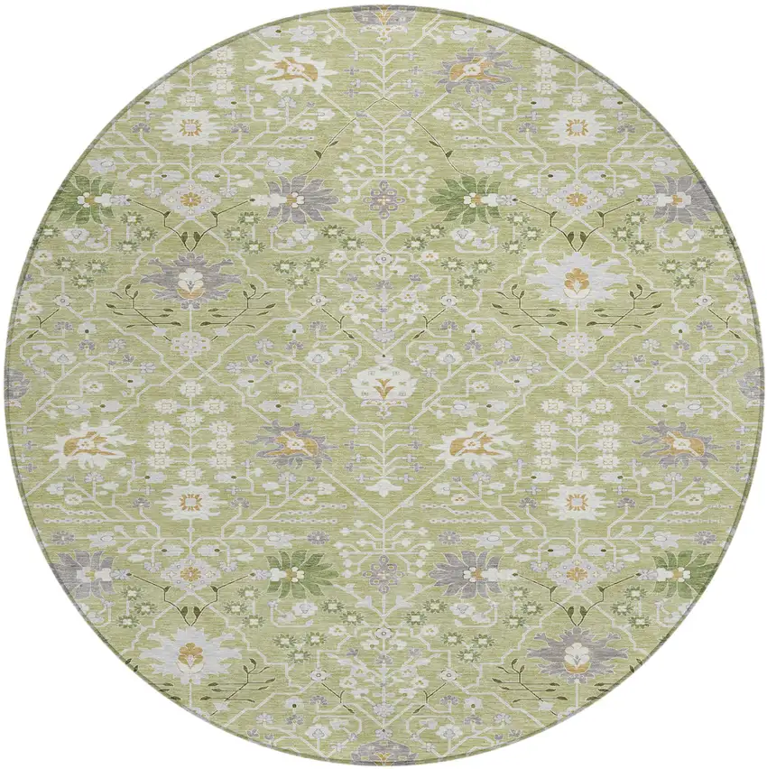 8' Artichoke Green Gray And Ivory Round Oriental Washable Indoor Outdoor Area Rug Photo 2