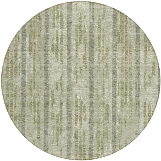 8' Artichoke Green Gray And Ivory Round Striped Washable Indoor Outdoor Area Rug Photo 2