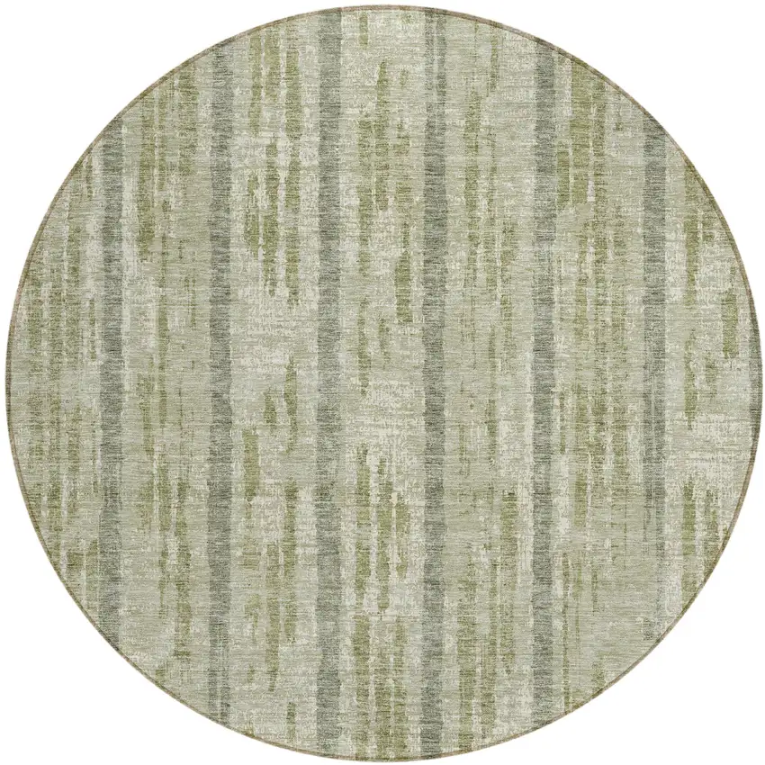 8' Artichoke Green Gray And Ivory Round Striped Washable Indoor Outdoor Area Rug Photo 2