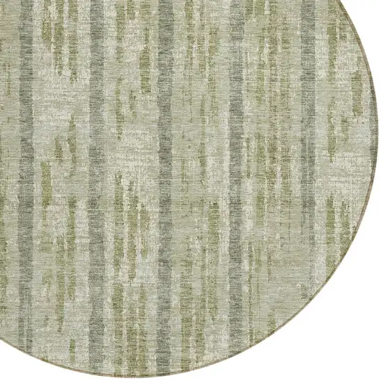 8' Artichoke Green Gray And Ivory Round Striped Washable Indoor Outdoor Area Rug Photo 4
