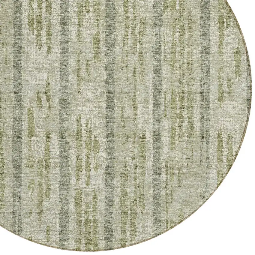 8' Artichoke Green Gray And Ivory Round Striped Washable Indoor Outdoor Area Rug Photo 4