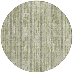 Photo of 8' Artichoke Green Gray And Ivory Round Striped Washable Indoor Outdoor Area Rug
