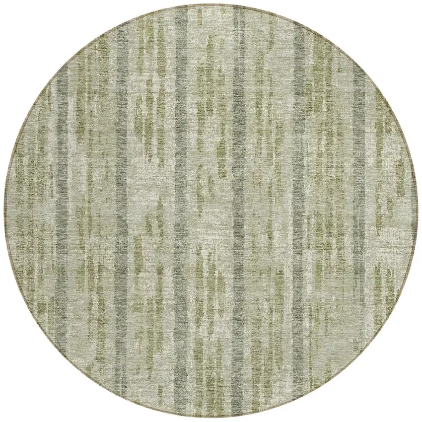 8' Artichoke Green Gray And Ivory Round Striped Washable Indoor Outdoor Area Rug Photo 5