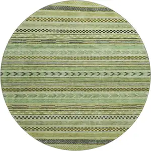 Photo of 8' Artichoke Green Gray And Sage Striped Washable Round Rug With UV Protection