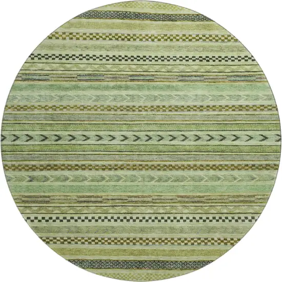 8' Artichoke Green Gray And Sage Striped Washable Round Rug With UV Protection Photo 1