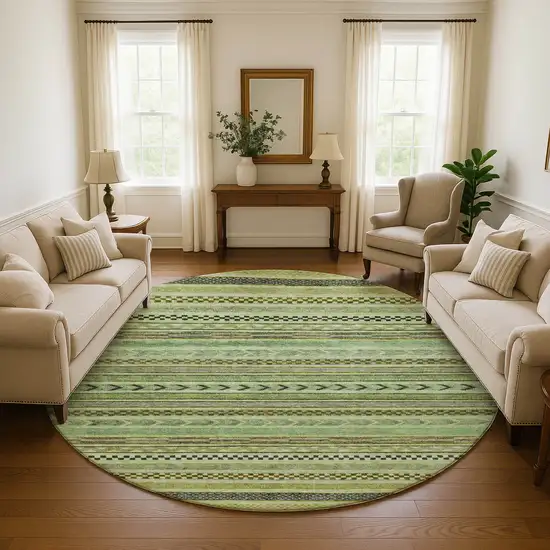 8' Artichoke Green Gray And Sage Striped Washable Round Rug With UV Protection Photo 4