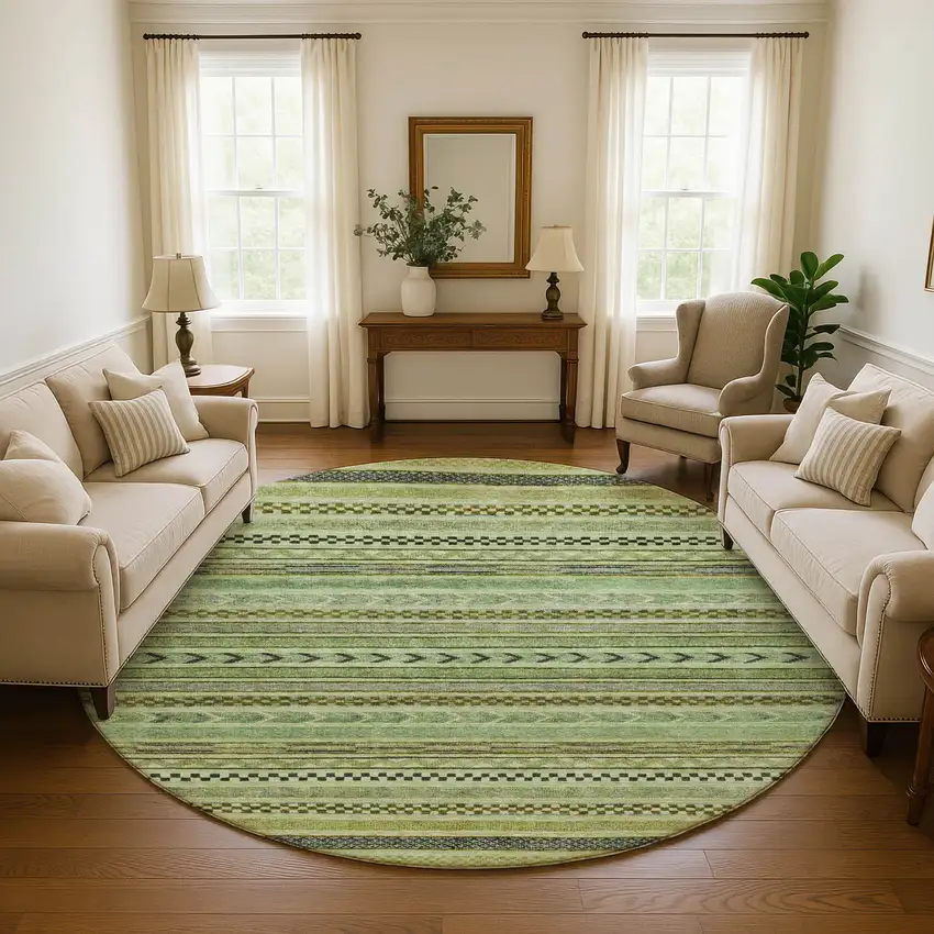 8' Artichoke Green Gray And Sage Striped Washable Round Rug With UV Protection Photo 4
