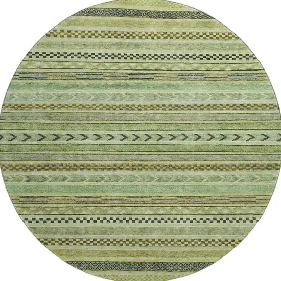 8' Artichoke Green Gray And Sage Striped Washable Round Rug With UV Protection Photo 3
