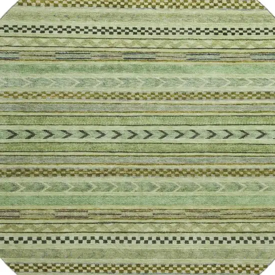 8' Artichoke Green Gray And Sage Striped Washable Round Rug With UV Protection Photo 2