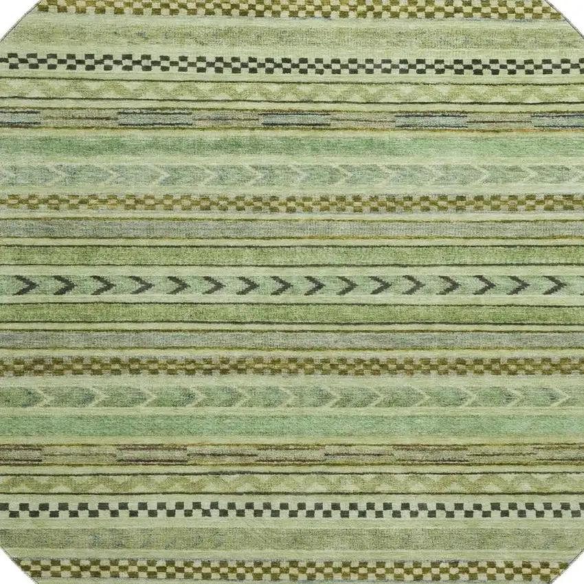 8' Artichoke Green Gray And Sage Striped Washable Round Rug With UV Protection Photo 2