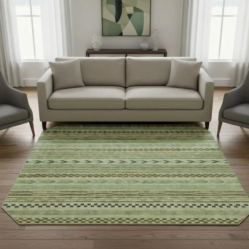 8' Artichoke Green Gray And Sage Striped Washable Round Rug With UV Protection Photo 2