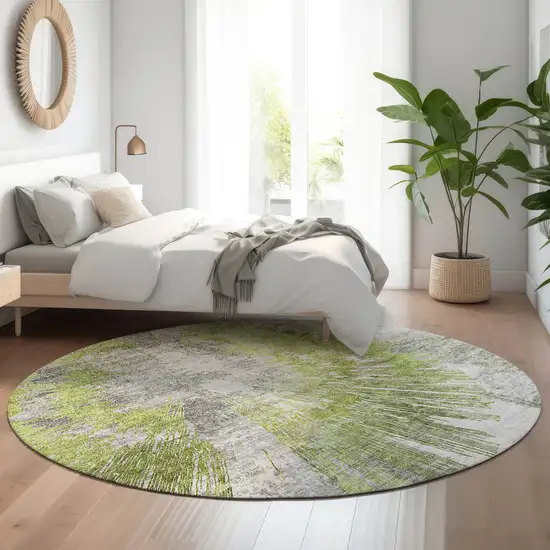 8' Artichoke Green Gray And Silver Abstract Washable Round Rug With UV Protection Photo 5