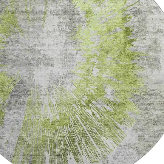 8' Artichoke Green Gray And Silver Abstract Washable Round Rug With UV Protection Photo 3