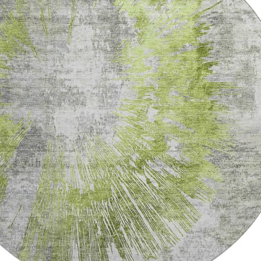 8' Artichoke Green Gray And Silver Abstract Washable Round Rug With UV Protection Photo 3
