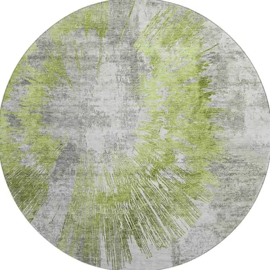 8' Artichoke Green Gray And Silver Abstract Washable Round Rug With UV Protection Photo 4