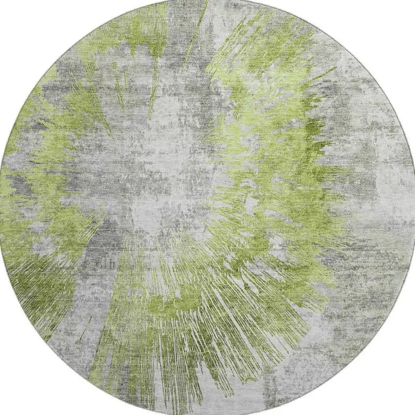 8' Artichoke Green Gray And Silver Abstract Washable Round Rug With UV Protection Photo 4