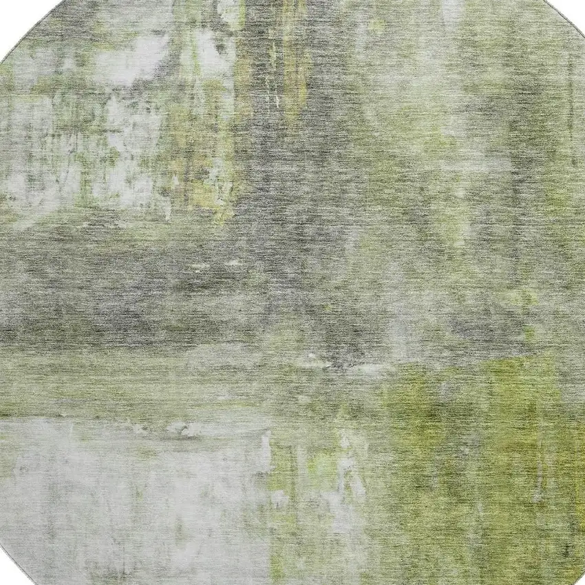 8' Artichoke Green Gray And Silver Abstract Washable Round Rug With UV Protection Photo 2