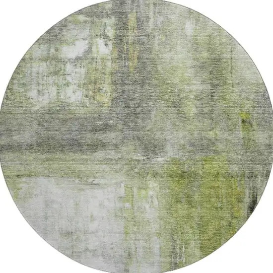 8' Artichoke Green Gray And Silver Abstract Washable Round Rug With UV Protection Photo 3