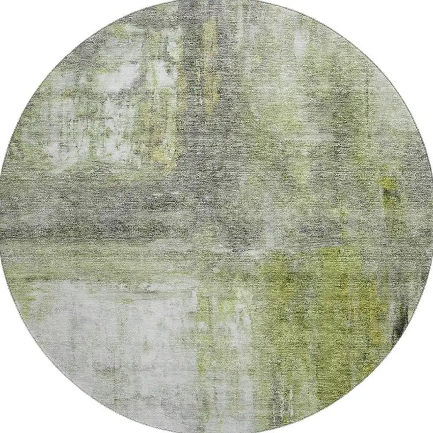 8' Artichoke Green Gray And Silver Abstract Washable Round Rug With UV Protection Photo 3